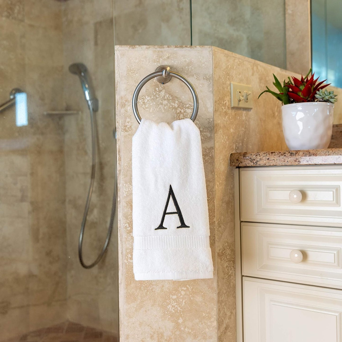 Dark Gray Monogrammed Hand Towels for Bathroom - Luxury Hotel Quality Personalized Initial Decorative Embroidered Towel for Powder Room, Spa - GOTS Organic Certified - Set of 2 Letter A