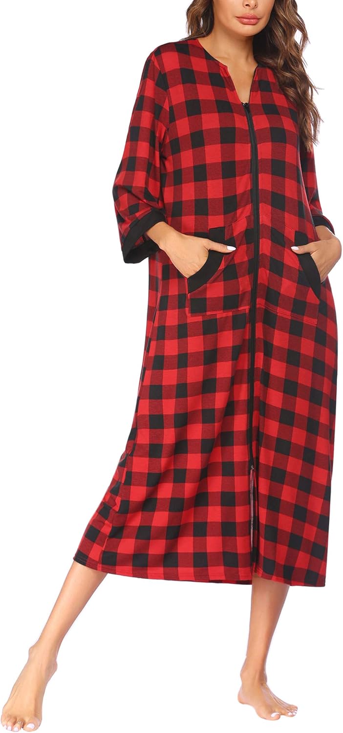 Ekouaer Women Zipper Robe 3/4 Sleeves Loungewear Dress Full Length Sleepwear Pockets Housecoat Nightgown Long Bathrobe