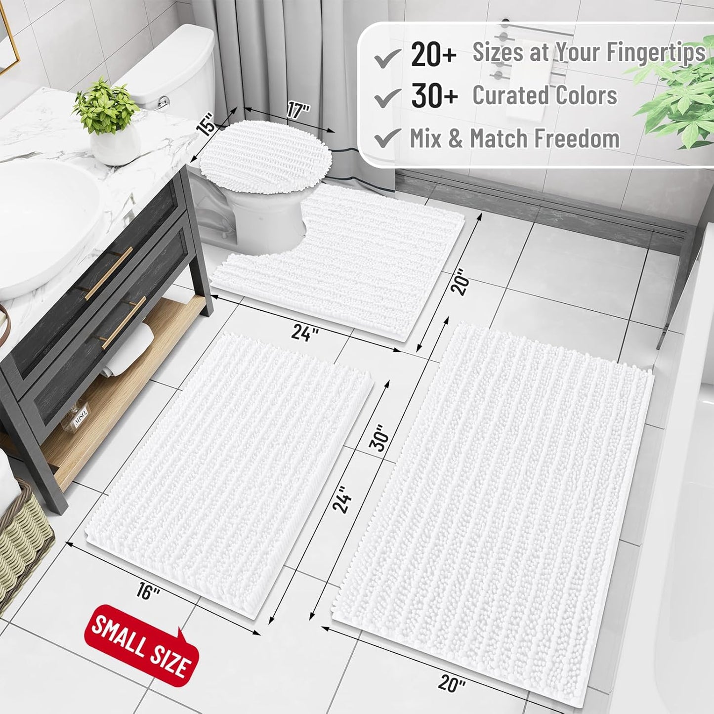 Arotive Luxury Chenille Bathroom Rug Mat, Extra Soft Thick Absorbent Shaggy Bath Rugs, Non-Slip Machine Wash Dry, Plush Bath Mats for Bathroom, Shower and Tub, 60x20, White