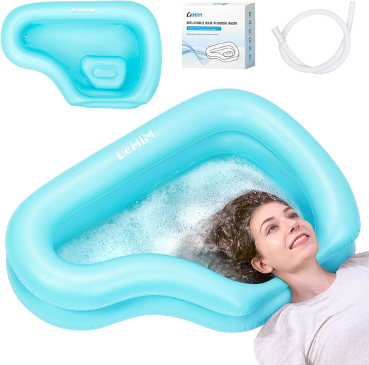 Portable Inflatable Shampoo Basin for Bedridden & Elderly - Zero Pooling Design | Fast-Drain Slope & Neck Support | Portable Hair Wash Bowl, Drain Hose | Hospital PVC | Home Use (Blue, Large)