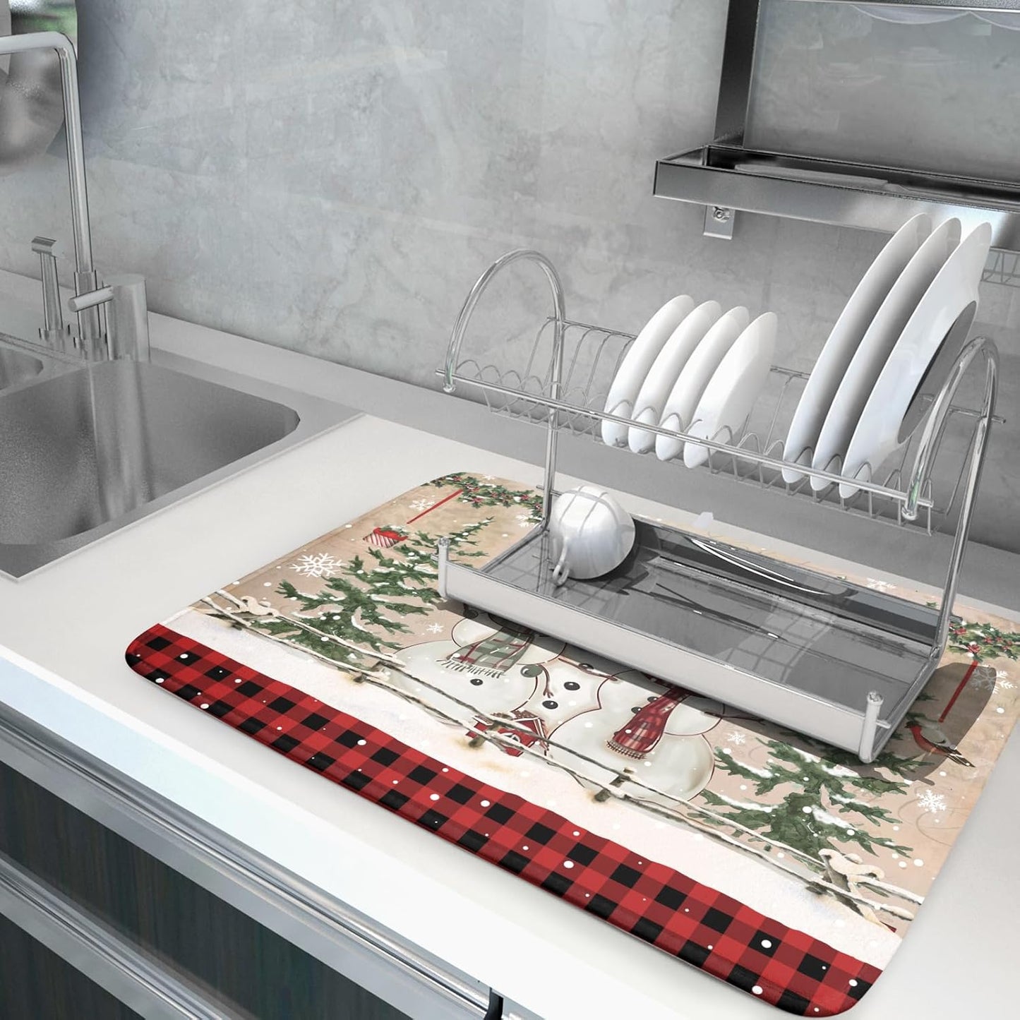 Winter Snowman Dish Drying Mat 18x24 Inch Red Buffalo Plaid Holiday Dish Drainer Mat Absorbent Dish Rack Pad for Kitchen Counter Sink Decor