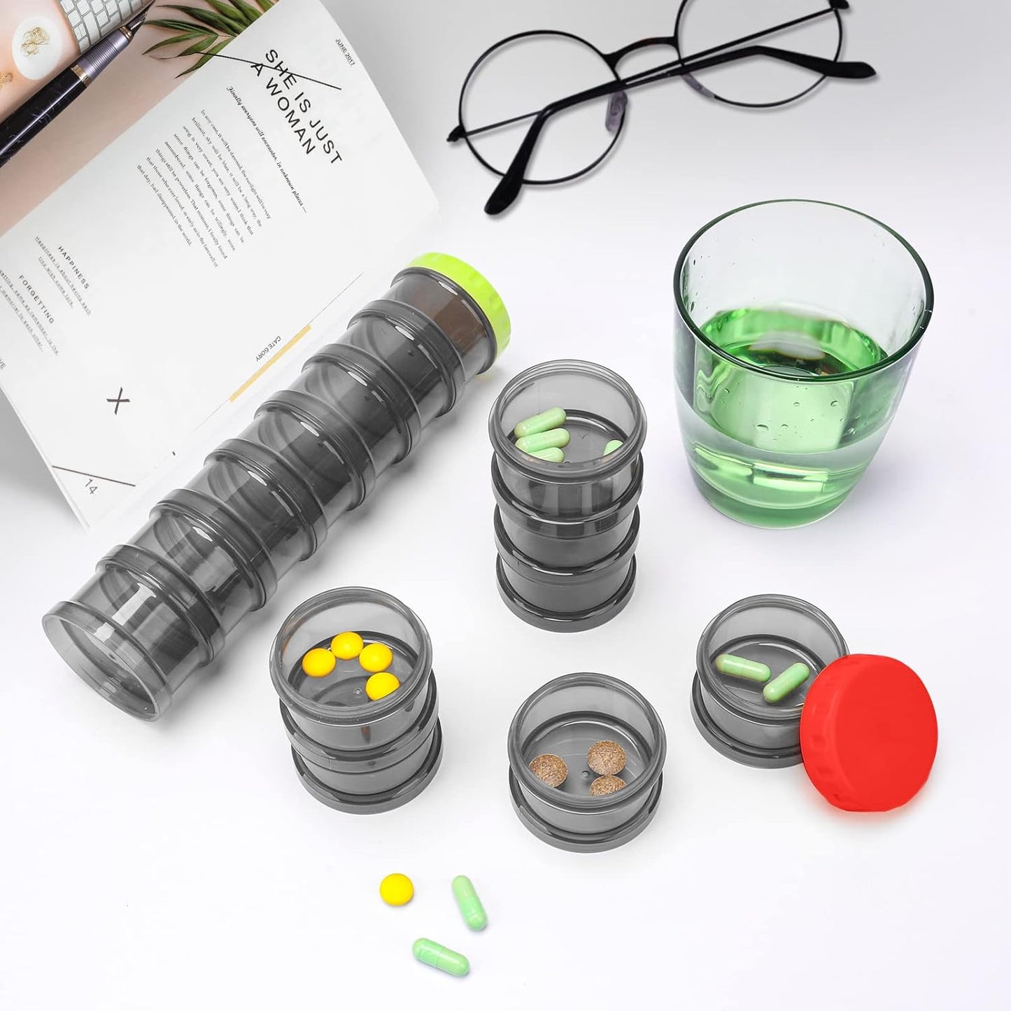 7 Day Pill Organizer Case Stackable Weekly Supplements Vitamins Pills Holder Dispenser Large Translucent Black with Extra Lid