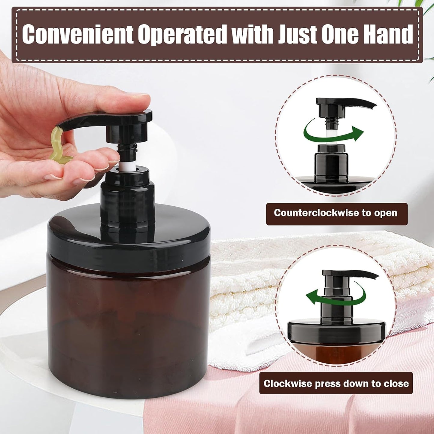 Cosywell Pump Bottle Dispenser Shampoo and Conditioner Dispenser 2 Pack 16.9oz/500ml Wide Mouth Hand Soap Dispenser Refillable Plastic Empty Liquid Container for Lotion Body Wash(Brown)