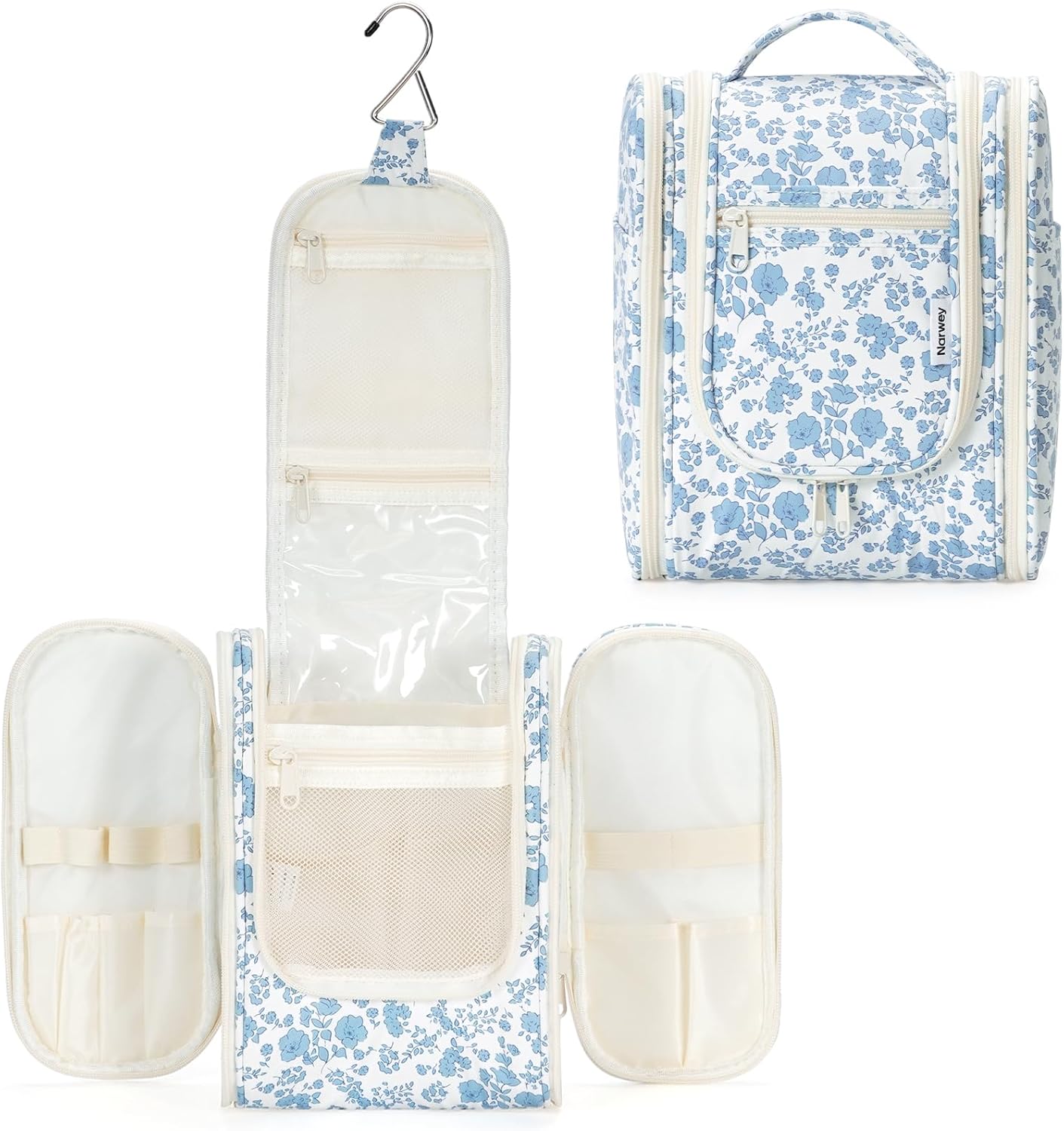 Narwey Hanging Toiletry Bag Women Travel Makeup Bag Organizer Toiletries Bag for Travel Size Essentials Accessories Cosmetics (Medium,Little Blue Flower)