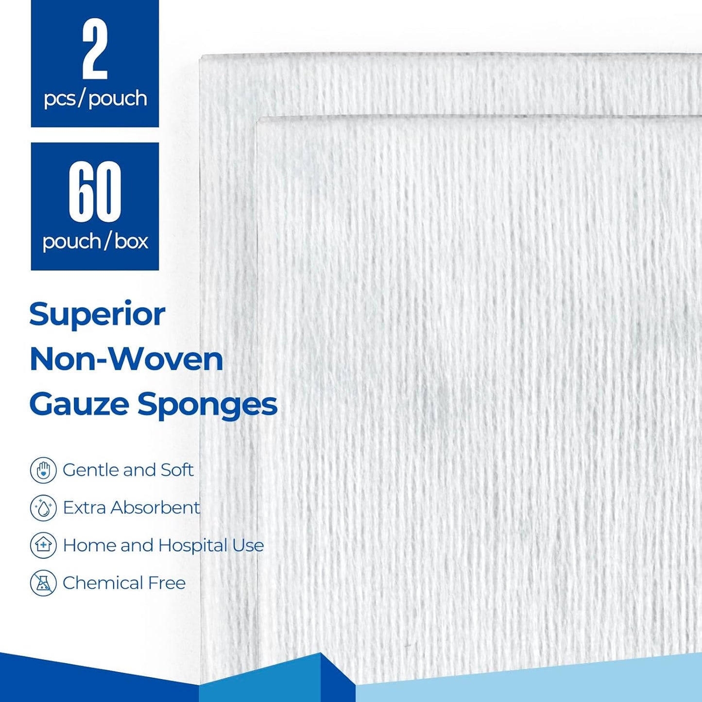 Sterile Nonwoven Gauze Pads, 2"x 2" Wound Dressing, 60 Packs - 120 Pieces Superior Soft Sponge Pads, Higher Absorbent Gauze Compresses for Trauma or Post-Operative Wound Care
