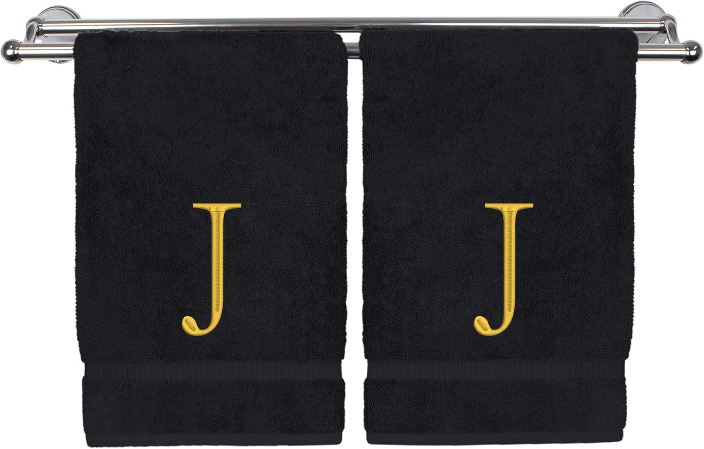 Monogrammed Hand Towel, Personalized Initial Gift, Extra Absorbent 100% Turkish Cotton - Soft Terry Finish - Set of 2 - Gold Block Initial J - Embroidered on Black Towels