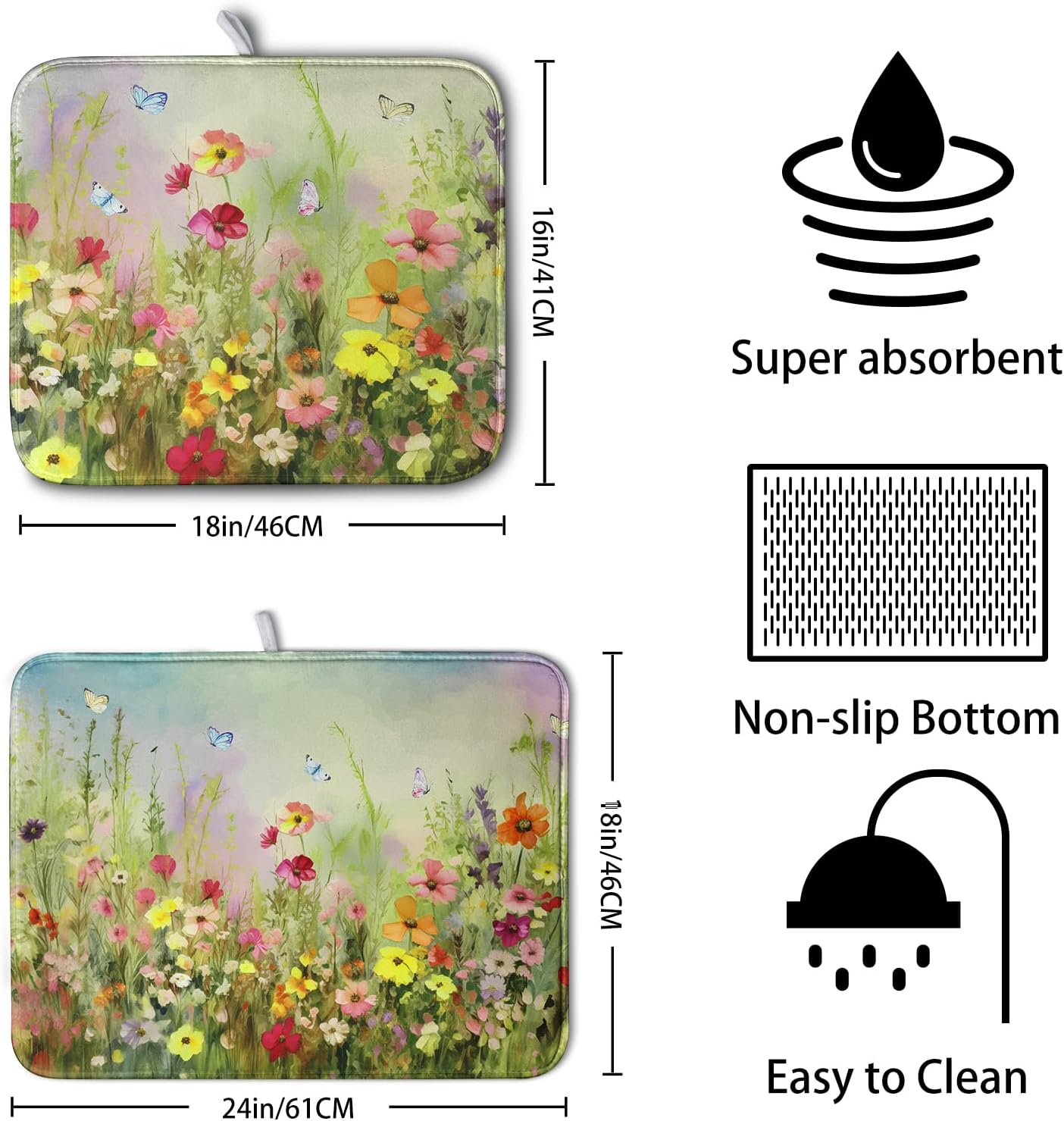 Spring Floral Dish Drying Mat for Kitchen Counter 18x24 Inch Sage Green Wild Flowers Drying Mats Spring Summer Plant Microfiber Absorbent Large Dish Rack Pad for Coffee Bar Sinks Home Accessories