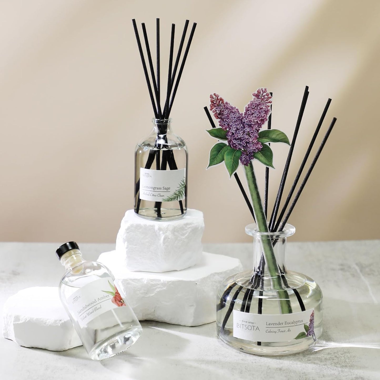 Reed Diffuser Set, 3.52 oz (100ml) Scented Diffuser with Sticks Home Fragrance Reed Diffuser for Bathroom Shelf Decor, Ideal Gift for Woman (Sandalwood Amber)
