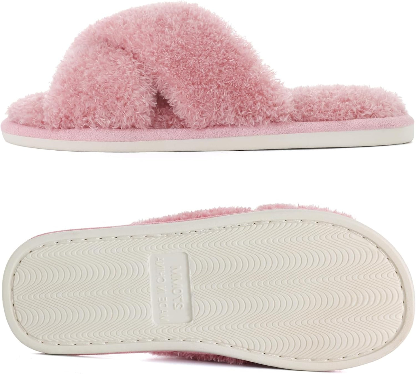 Evshine Women's Fuzzy Slippers Cross Band Memory Foam House Slippers Open Toe