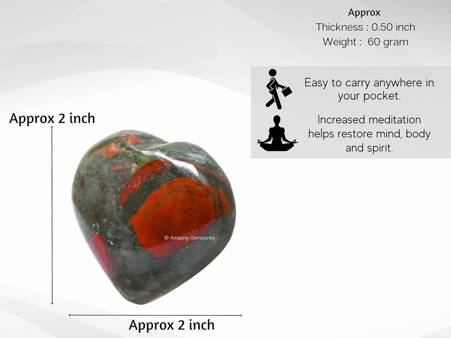 Amazing Gemstone African Bloodstone Crystal Heart Palm Stone - Pocket Massage Worry Stone for Natural Body Chakra Balancing, Reiki Healing and Crystal Grid