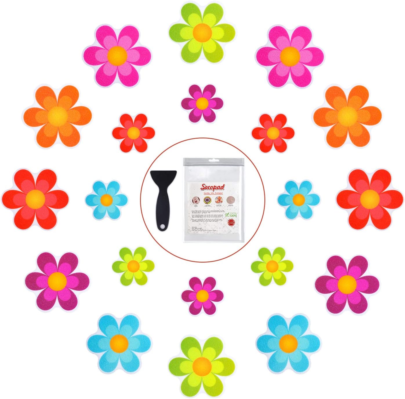 20 PCS Original Non Slip Bathtub Stickers, Shower Floor Non Slip Stickers Bright Flowers Appliques with Premium Scraper