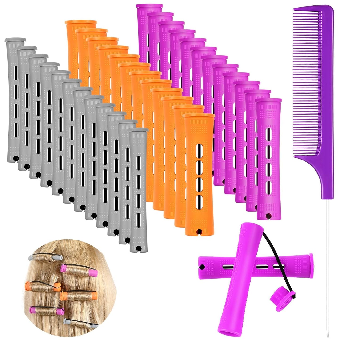 WILLBOND 36 Pieces Cold Wave Rod Hair Perm Rods Hair Rollers Perming Curlers with Steel Rat Tail Comb for Hairdressing Styling(Purple, Gray, Orange,0.87 Inch, 0.75 Inch,0.59 Inch)