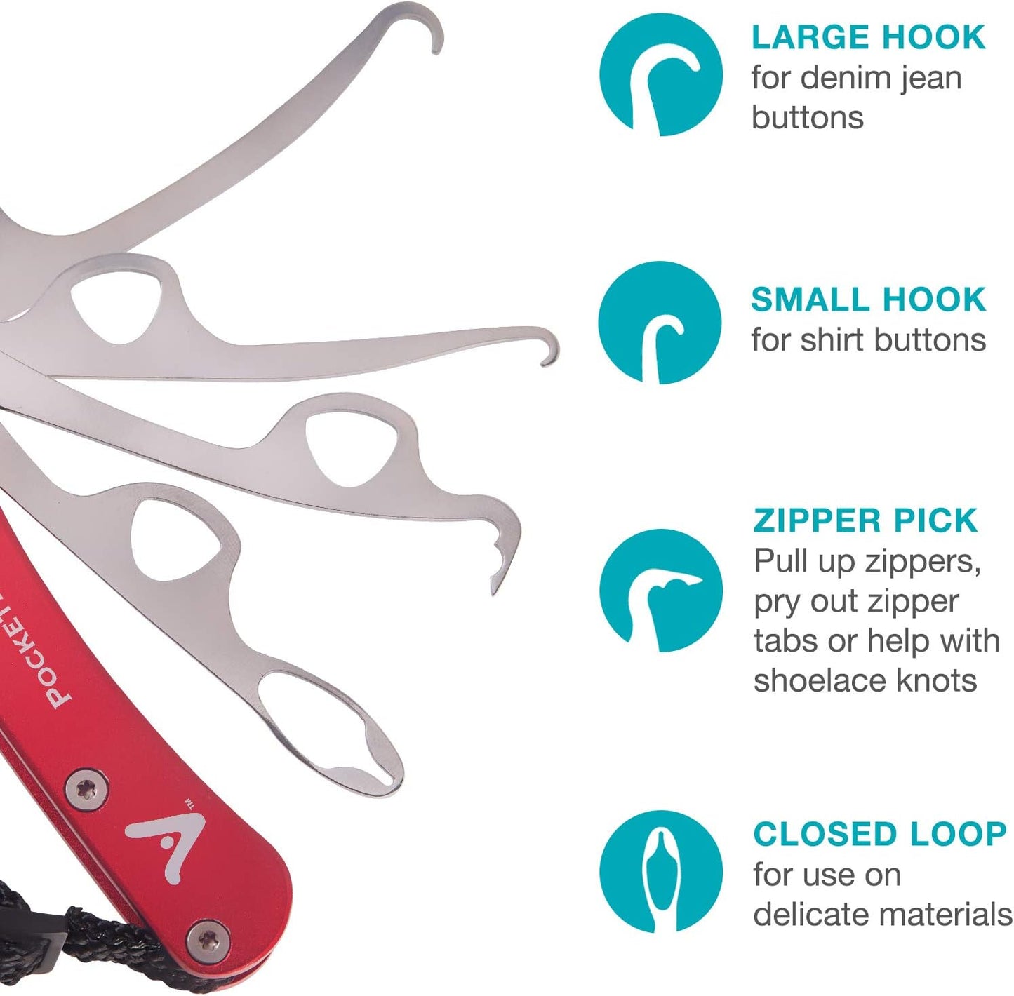 Vivi Zipper Pull and Button Hook Pocket Dresser and Dressing Aid for Assistance with Button Hooks, Zipper Pulls and Shoelaces