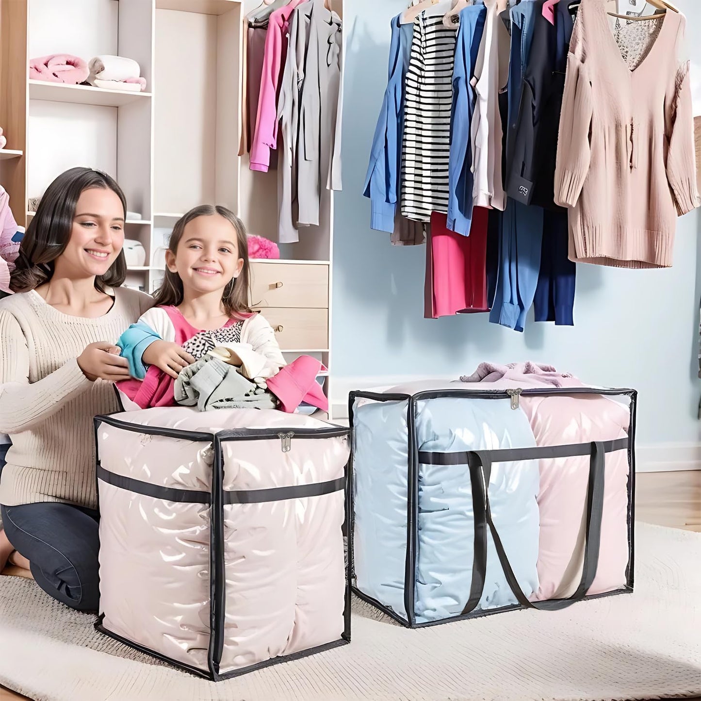 110L Large Capacity Clear Storage Bags with Zipper for Comforters, Blankets, Bedding, Quilts, Pillows – Plastic Storage Bags for Organizing Seasonal Clothes and Household Items