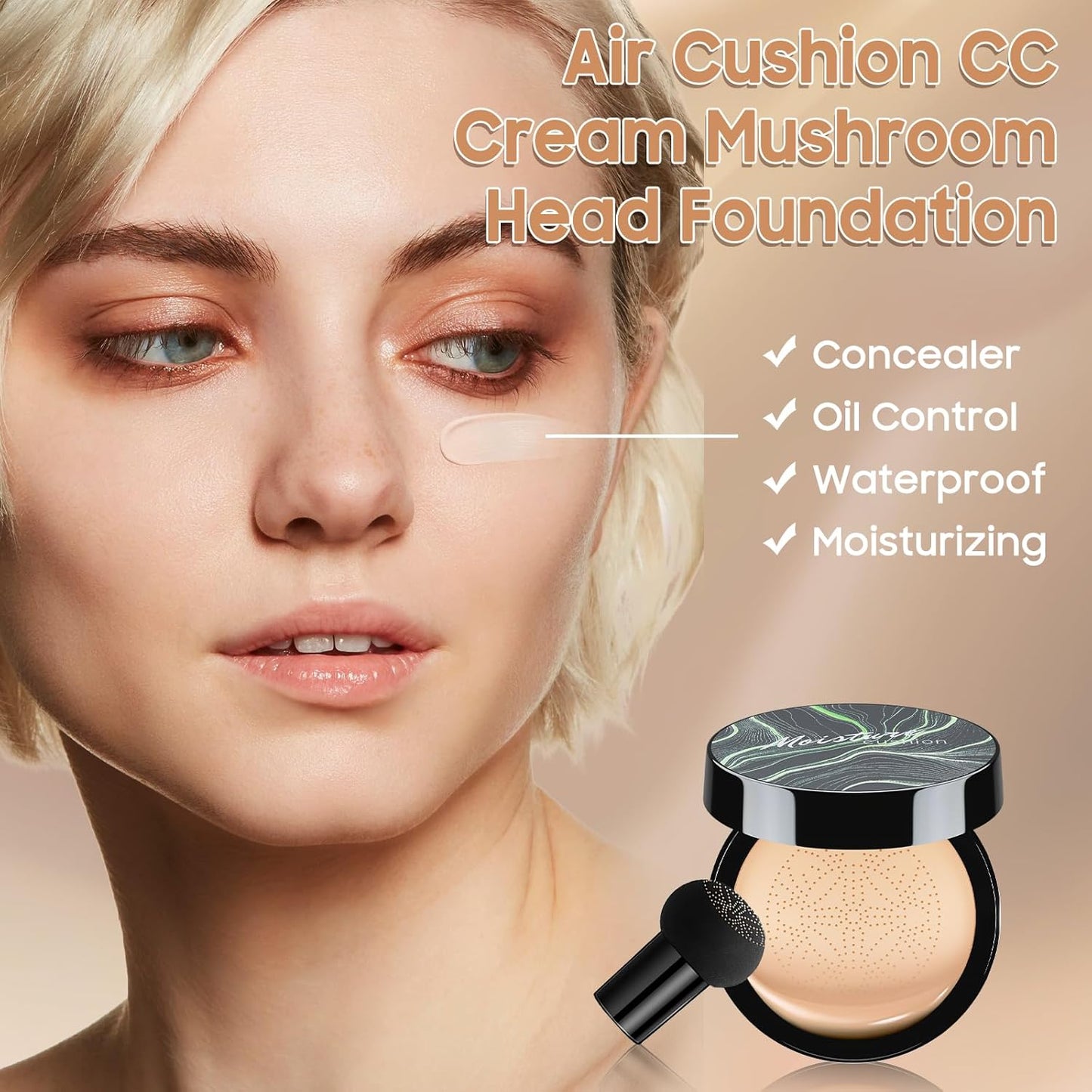 Mushroom Head Air Cushion CC Cream - Moisturizing BB Creams Foundation, Long-Lasting Waterproof New Air Cushion CC Cream Concealer for Even Skin Tone (Buff Beige, 1 PCS)