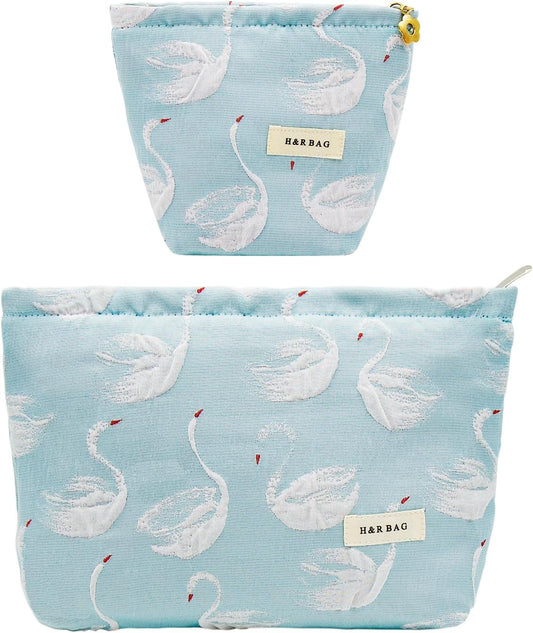 2 Pcs Makeup Bags, Large Cosmetic Bag Travel Toiletry Bag Organizer for Women, Embroidery Craft, Floral Makeup Bag Small Cosmetic Pouch Purse with Zipper Gifts for Girls Teen