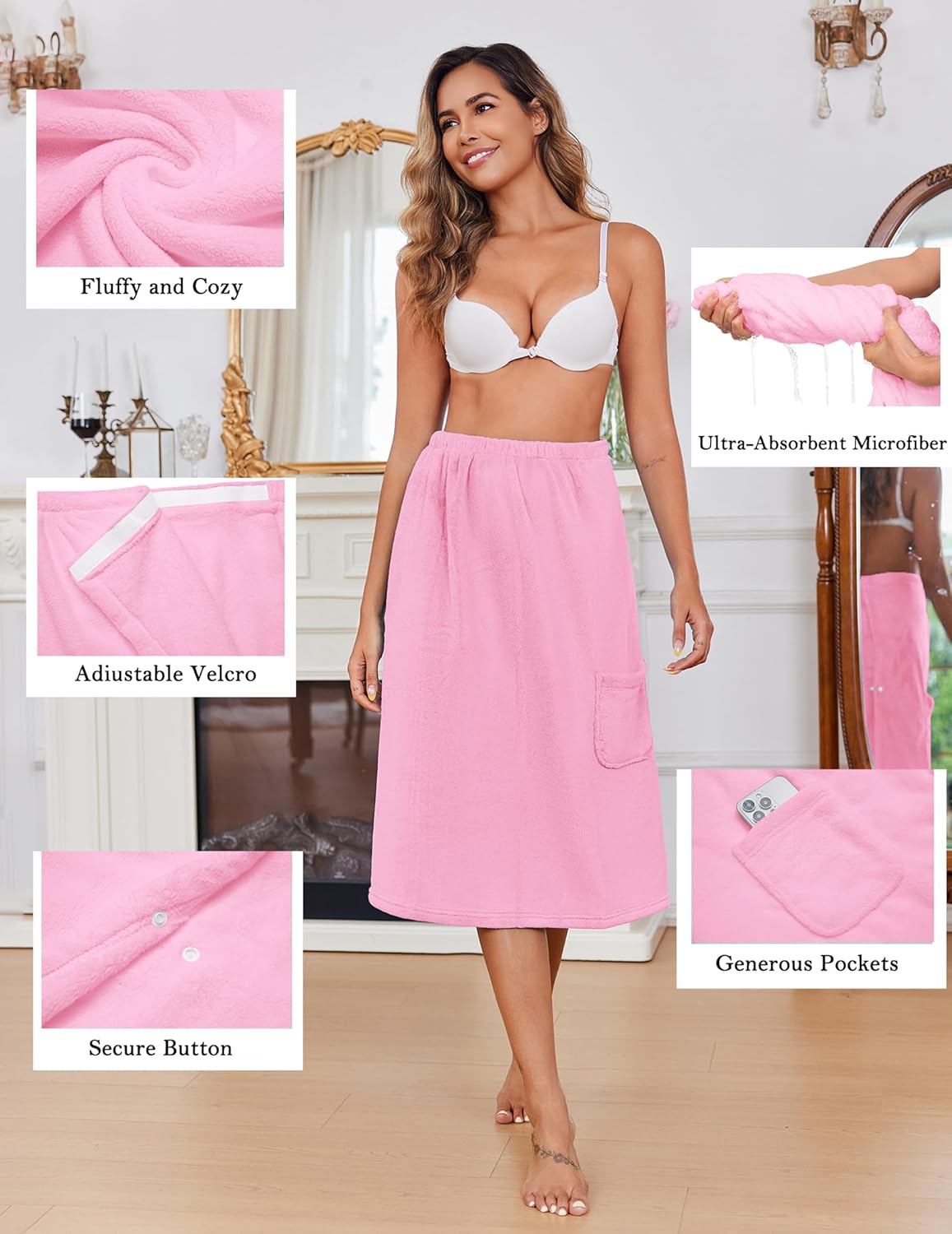 Ekouaer Women's Plush Towel Wrap Soft Lightweight Shower Wrap Absorbent Spa Body Wrap Bath Robe with Velcro S-L