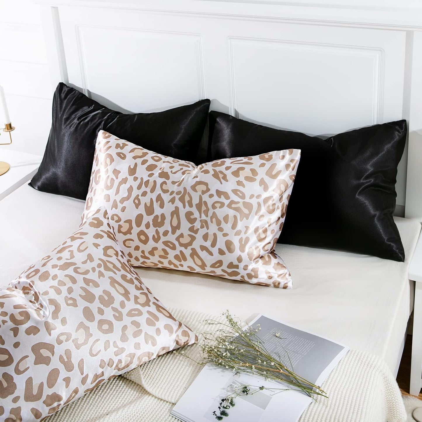 MR&HM Satin Pillowcase for Hair and Skin, Silk Satin Pillowcase 2 Pack, Standard Size Pillow Cases Set of 2, Silky Pillow Cover with Envelope Closure (20x26, Champagne Leopard)
