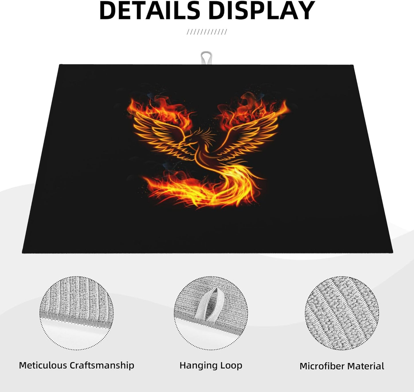 Funny Dish Drying Mat for Kitchen Counter Absorbent Reversible Fire Phoenix Drying Pad Dark Kitchen Decor Black Dish Drainer Rack Mats 18"x24"