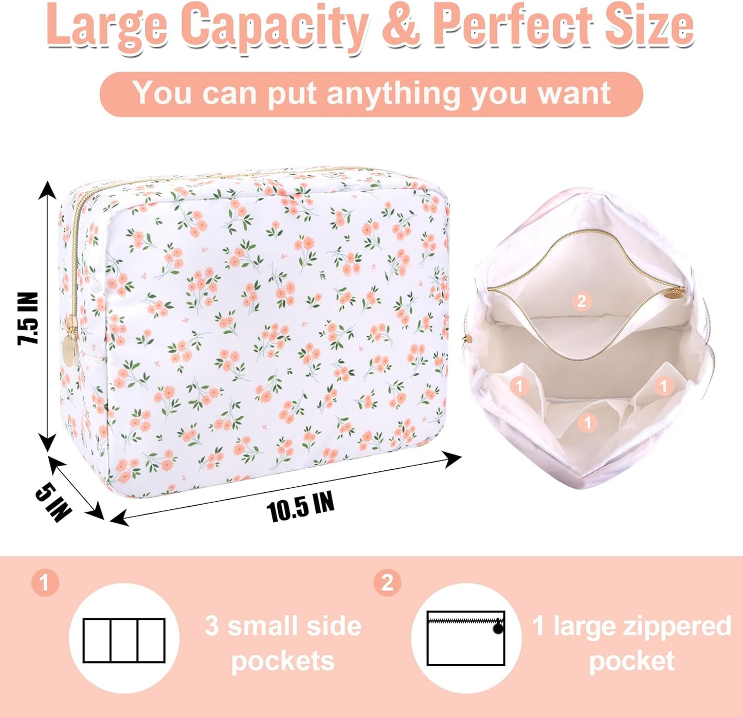 Nylon Large Floral Makeup Organizer Bag, Preppy Big Cute Flower Cosmetic Zipper Pouch Multi-compartment with Dividers, Waterproof Toiletry Makeup Brushes Bag Travel Essentials for Women(White-Floral)