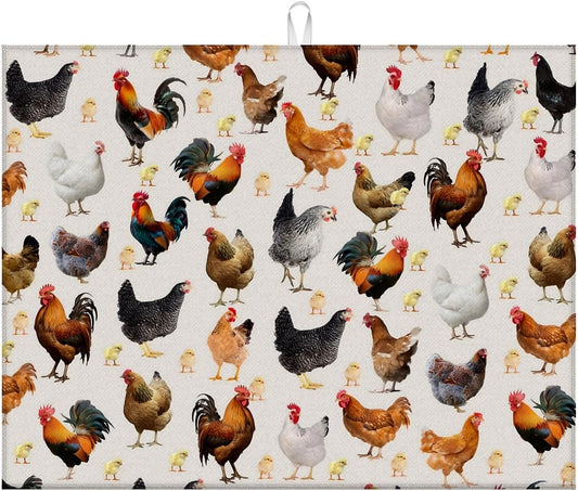 Dish Drying Mat For Kitchen Counter, Hens Roosters And Chickens Microfiber Absorbent Dish Drainer Rack Pad Reusable Large 18x24in Drying Mat