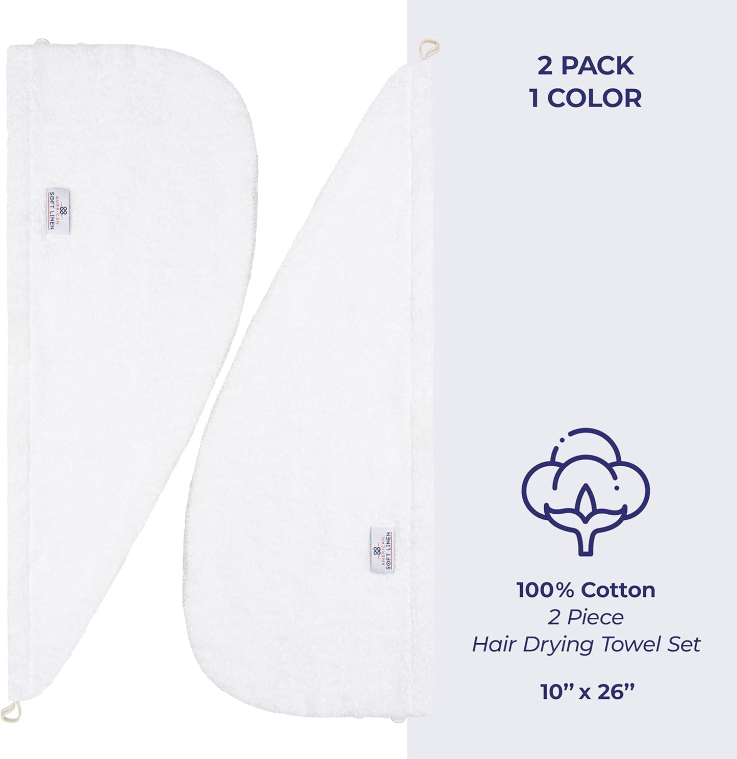 American Soft Linen 100% Cotton Hair Towels for Women, Head Towel Cap, Cotton Hair Turban Towel Wrap for Long Curly Anti Frizz Hair, Soft and Absorbent Cotton Hair Towels 2 Pack, White