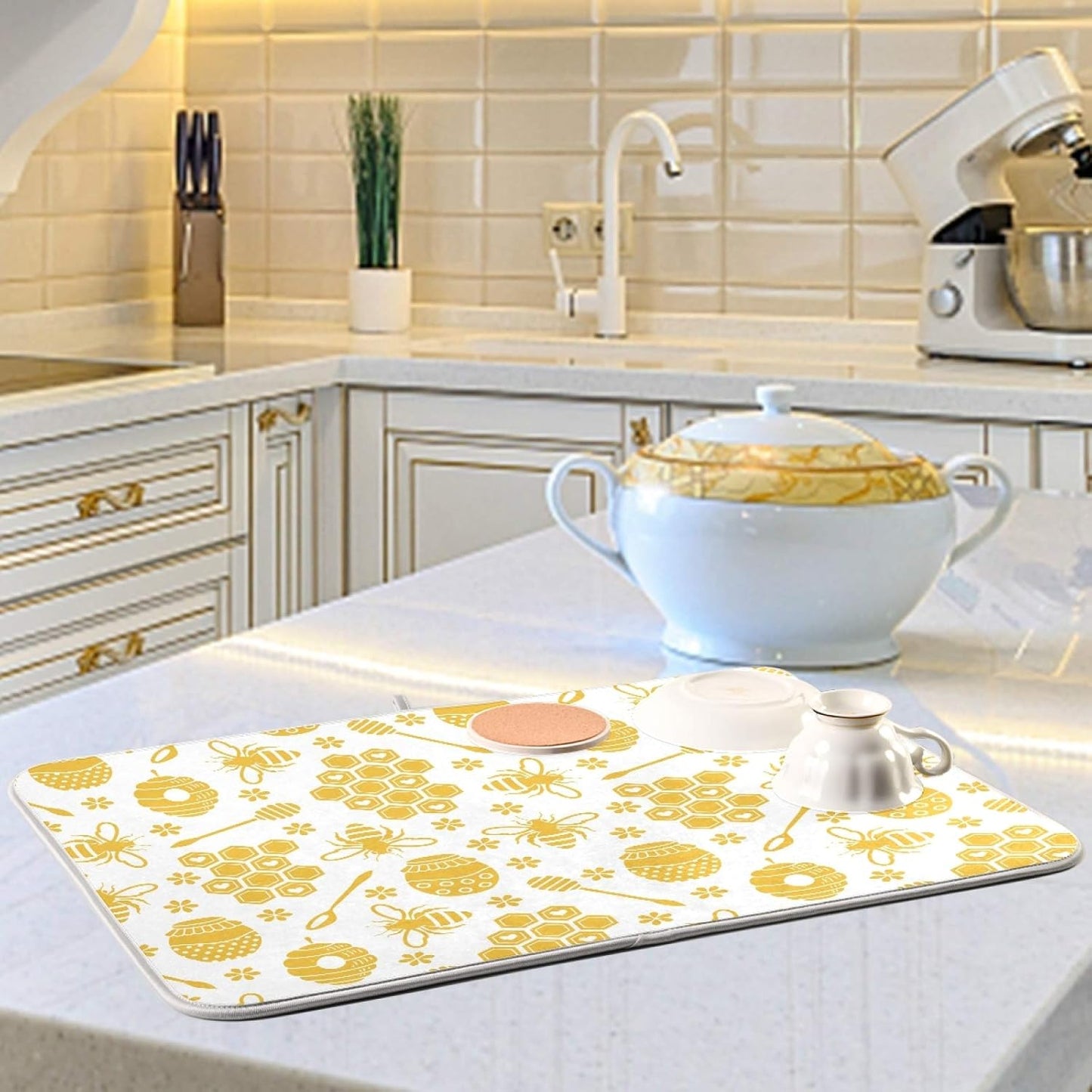 Yellow Dish Drying Mat for Kitchen Counter Bee Honey Microfiber Dish Mat Absorbent Drying Pad Dish Draining Mat 18 x 16 Inch Medium