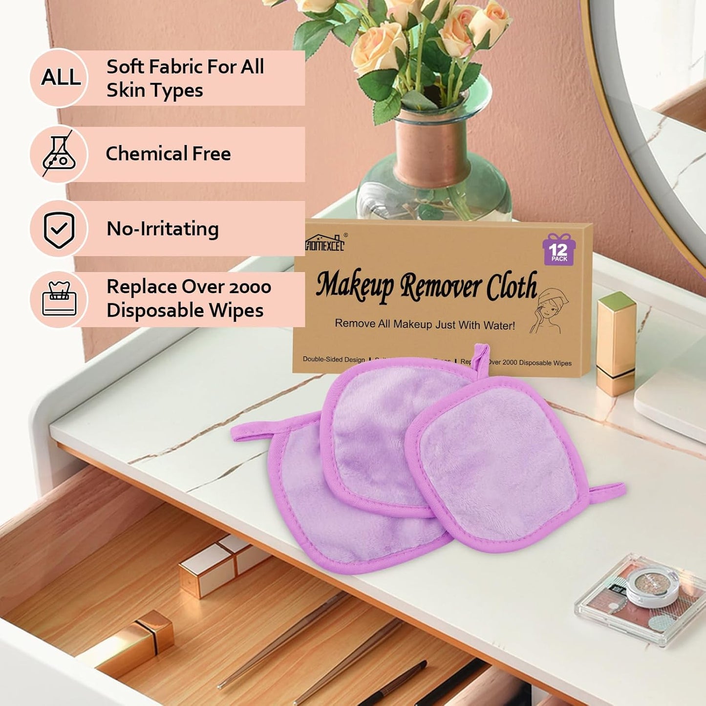 HOMEXCEL Makeup Remover Cloth 12 Count (Pack of 1), Reusable Makeup Remover Pads, Washable Ultra Soft Facial Cleansing Cloths For All Skin Types, 5 X 5 In, Purple