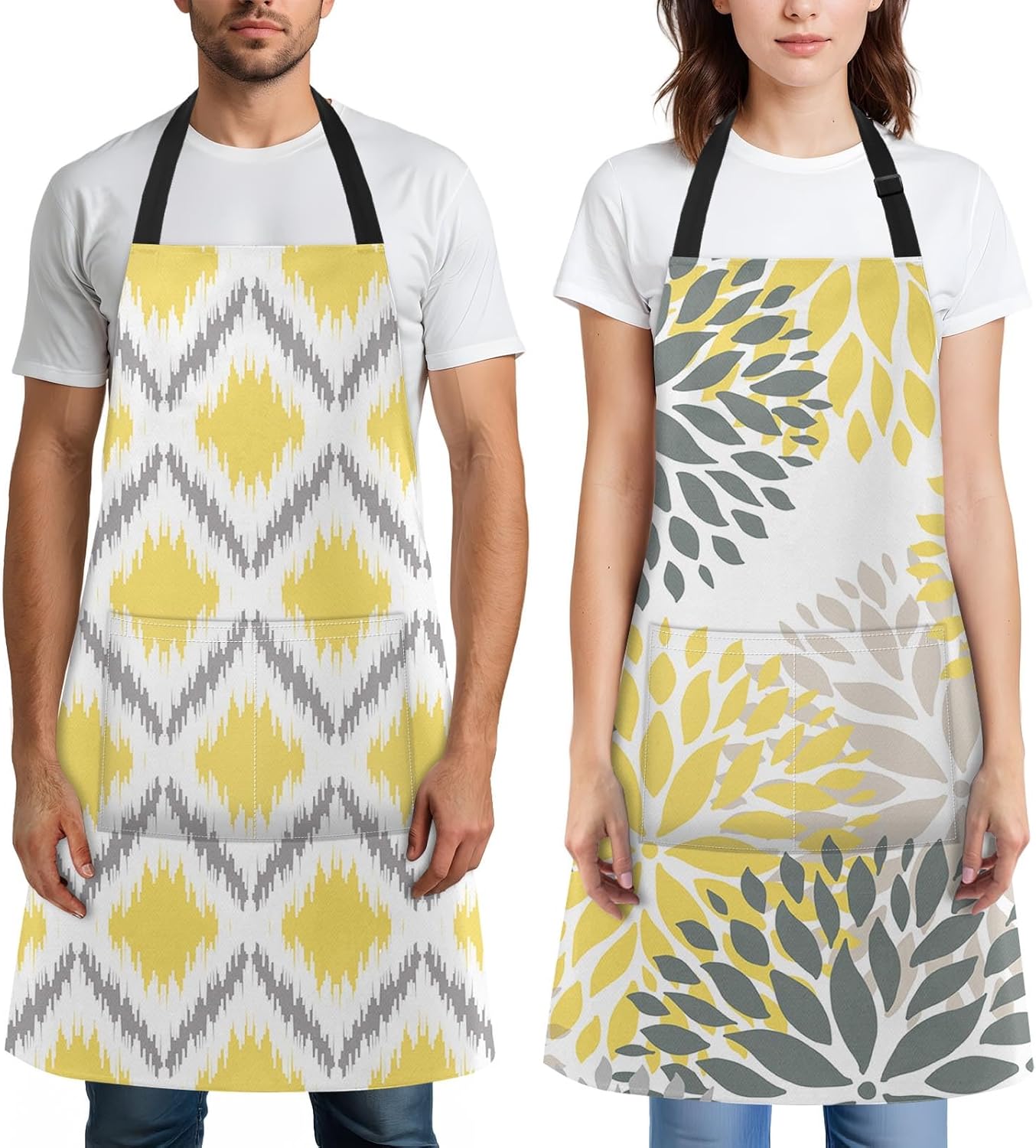 2 Pack Aprons, Dahlia Geometric Plaid Chevron Adjustable Bib Aprons with 2 Pockets for Women Men Couple Lovers Chef Home Kitchen Cooking Baking Gardening Grey Yellow Flowers Apron 32x28 Inches