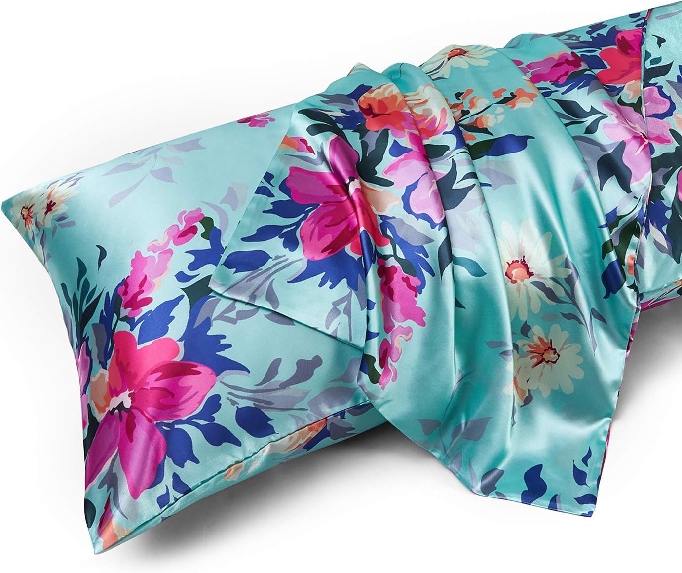 MR&HM Satin Body Pillow Cover, Soft and Breathable Body Pillow Case with Envelope Closure, Cooling and Silky Long Pillowcase for Hair and Skin,Grey (20x54, Floral Green)