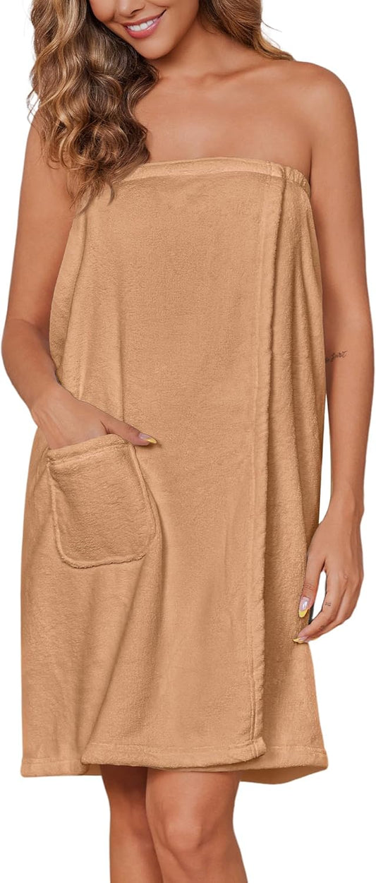Ekouaer Women's Plush Towel Wrap Soft Lightweight Shower Wrap Absorbent Spa Body Wrap Bath Robe with Velcro S-L