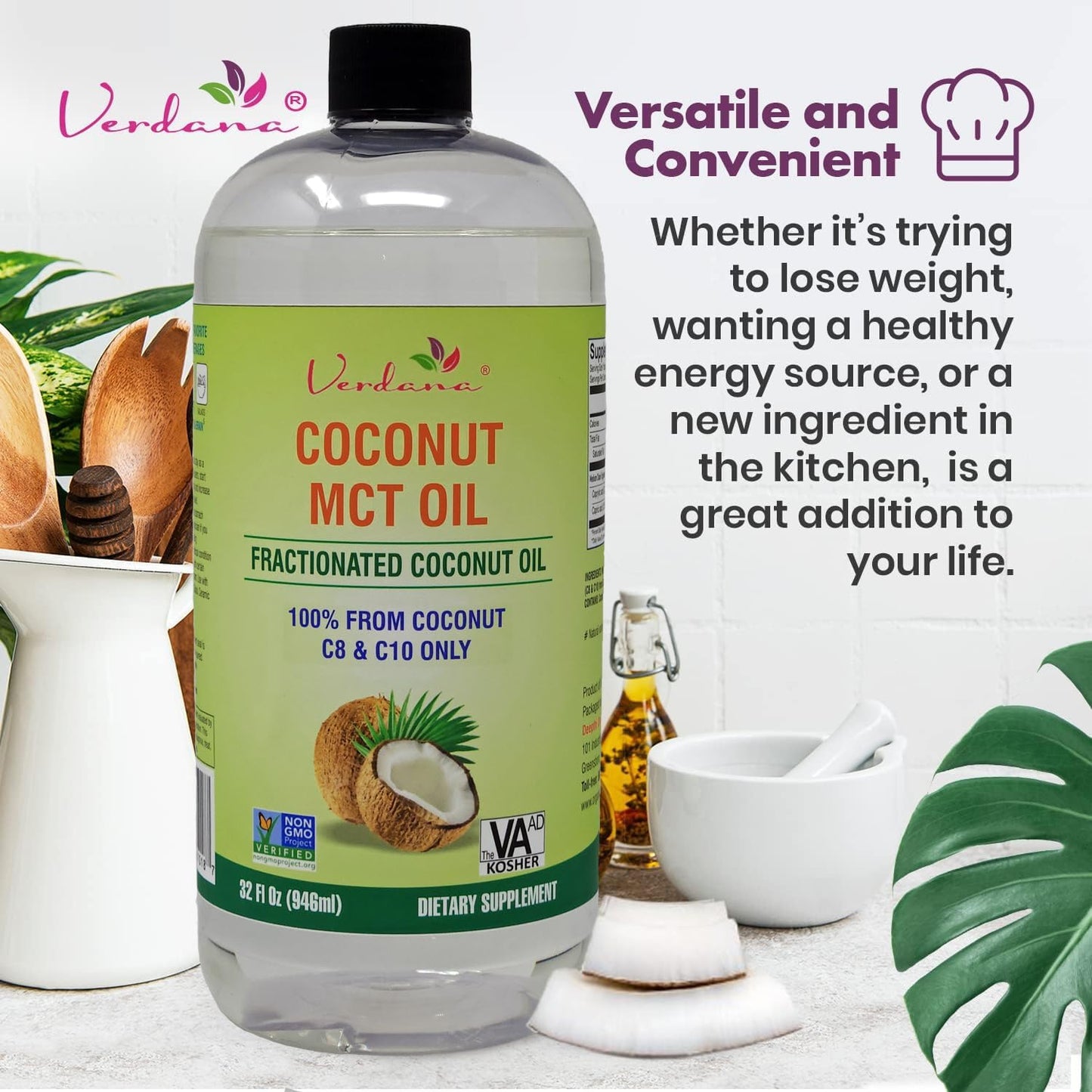 Verdana MCT Oil – 32 Fl Oz Dietary Supplement – 100% Coconut Derived, Fractionated, Food Grade – for Oil Pulling, Keto Coffee, Oral Rinse, Massage & Aromatherapy – Vegan, Non-GMO, Kosher