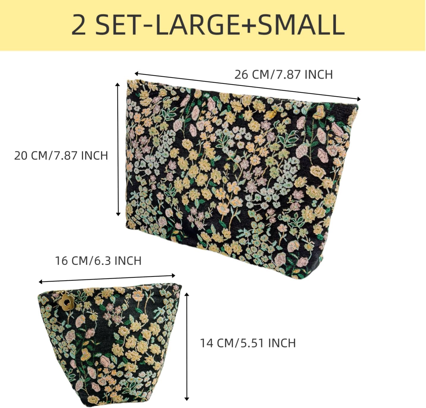 2 Pcs Makeup Bags, Large Cosmetic Bag Travel Toiletry Bag Organizer for Women, Embroidery Craft, Floral Makeup Bag Small Cosmetic Pouch Purse with Zipper Gifts for Girls Teen