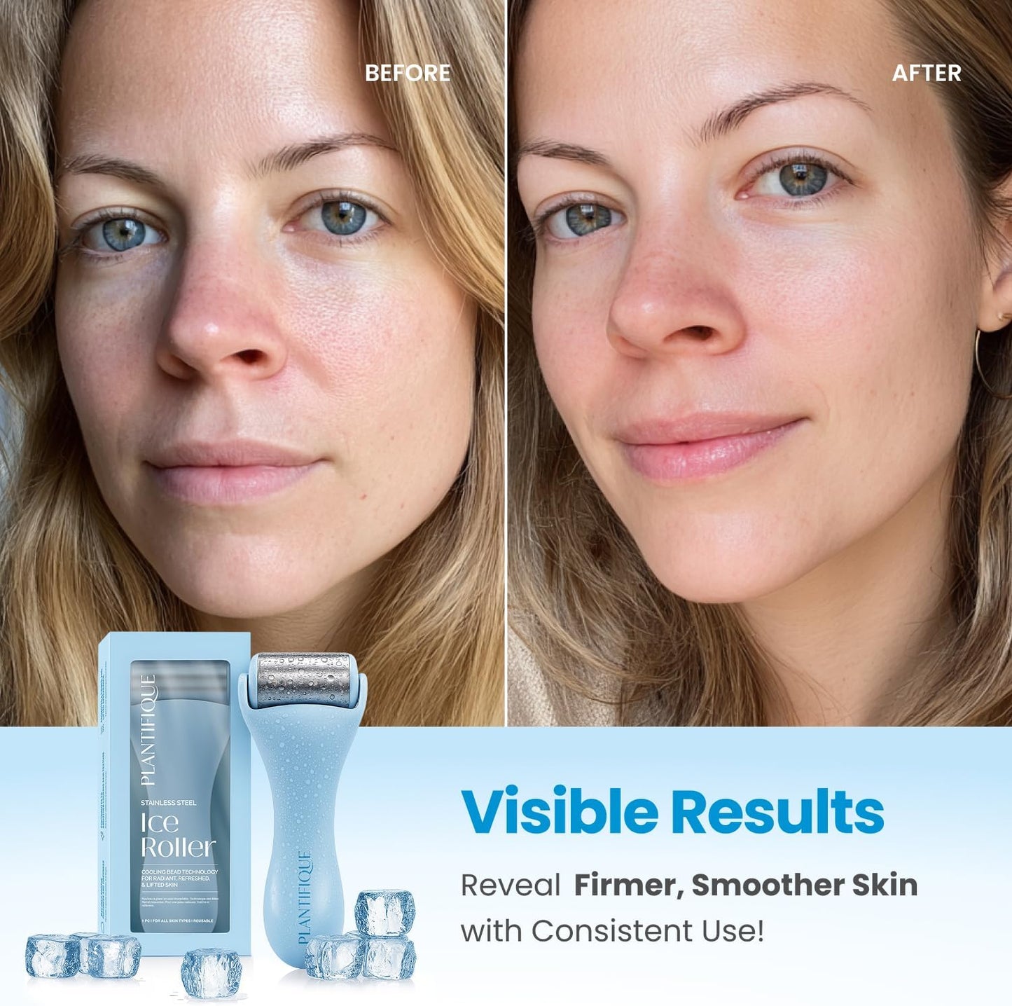 PLANTIFIQUE Facial Ice Roller - Puffiness Cryotherapy Skin Care Massage Tool - Stainless Steel Roller for Men & Women - Metal Massager for Face, Eyes and Body