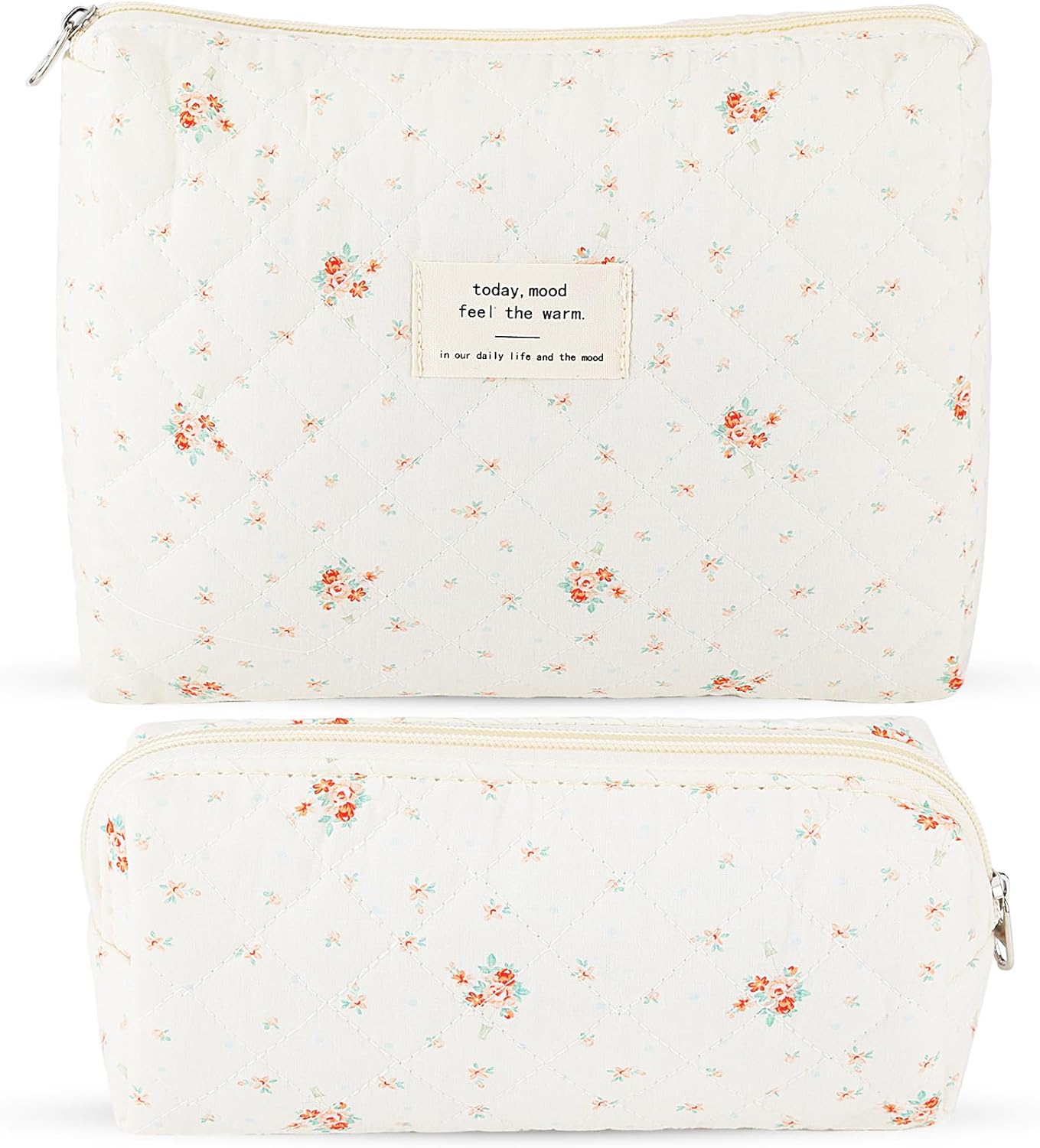 2Pcs Quilted Cotton Makeup Bag Large Travel Makeup Pouch Small Brush Holder Set for Women Floral Coquette Makeup Bag Cute Aesthetic Cosmetic Bag White Toiletry Organizer Storage Bag Big Zipper Pouch