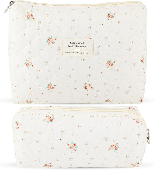 2Pcs Quilted Cotton Makeup Bag Large Travel Makeup Pouch Small Brush Holder Set for Women Floral Coquette Makeup Bag Cute Aesthetic Cosmetic Bag White Toiletry Organizer Storage Bag Big Zipper Pouch