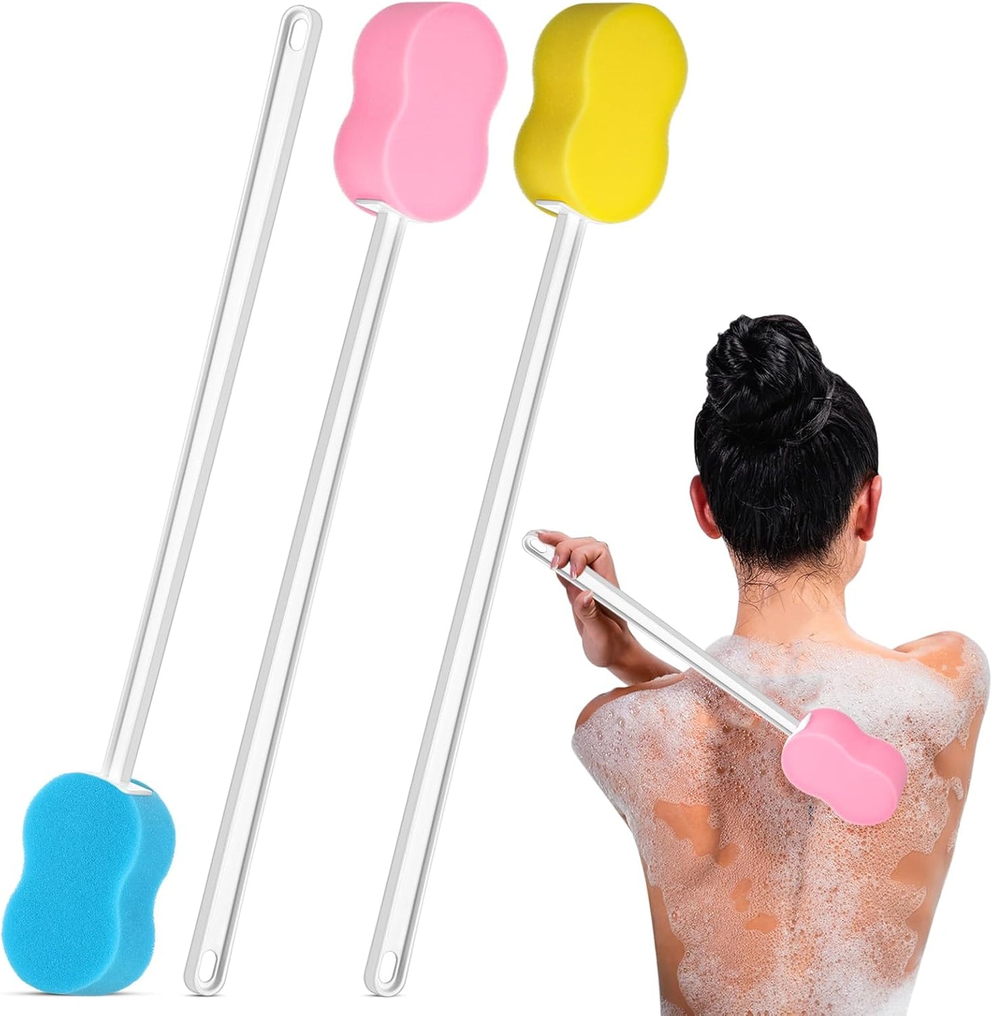 3 Pieces Long Handle Sponge 22.4'' Back Sponge on a Stick Body Brush Handled Washer Scrubber for Foot Body Limited Motion (Pink, Blue, Yellow)