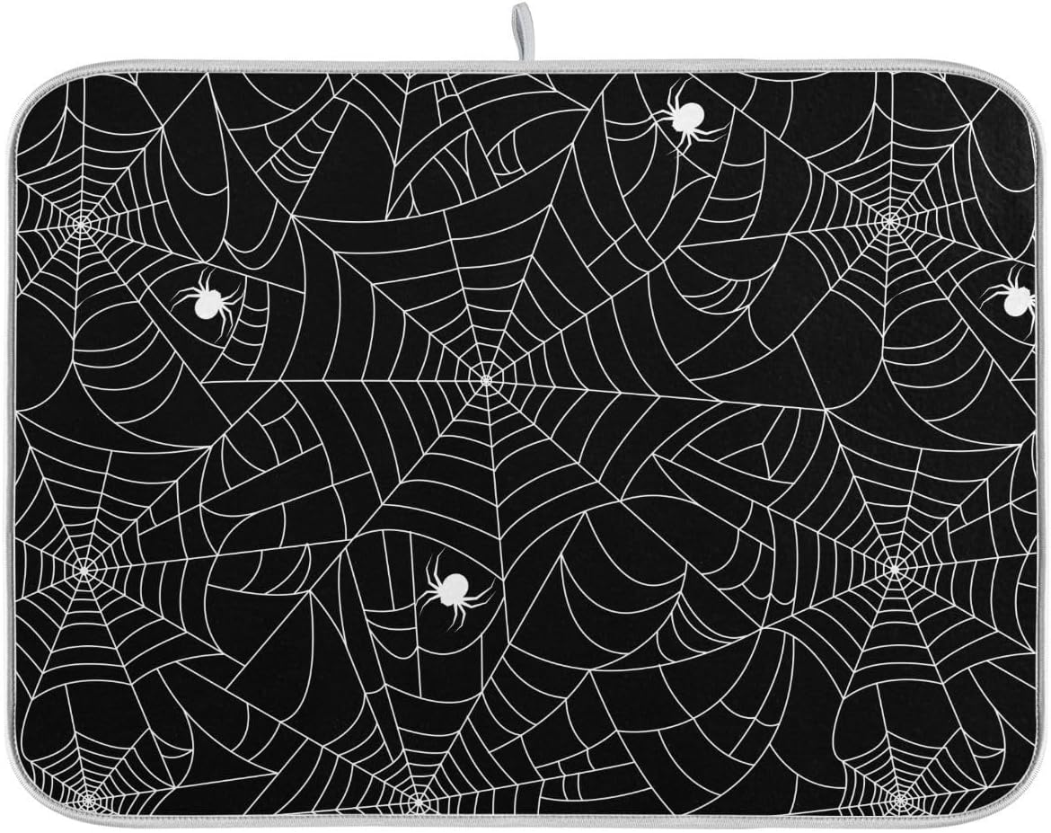 Halloween Spooky Spider Web Dish Drying Mat for Kitchen Happy Halloween Creepy Decoration Microfiber Drying Mats Absorbent Reversible Dish Pad Medium Dish Draining Mat 16x18 inch
