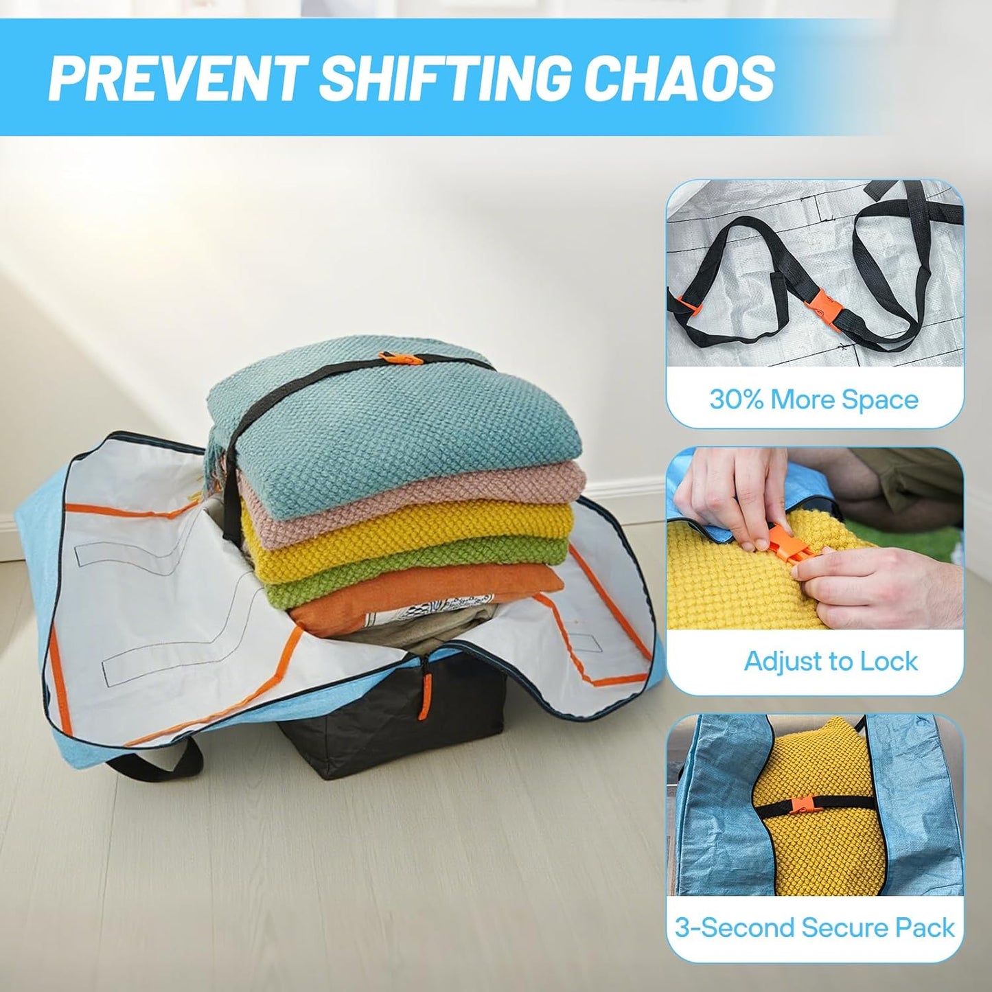 6 Pack Large Moving Bags, Storage Bag with Zipper, Heavy Duty Packing Bags with Internal Compression Straps, Wrap Around Handles, Alternative to Moving Boxes, Blue and Black