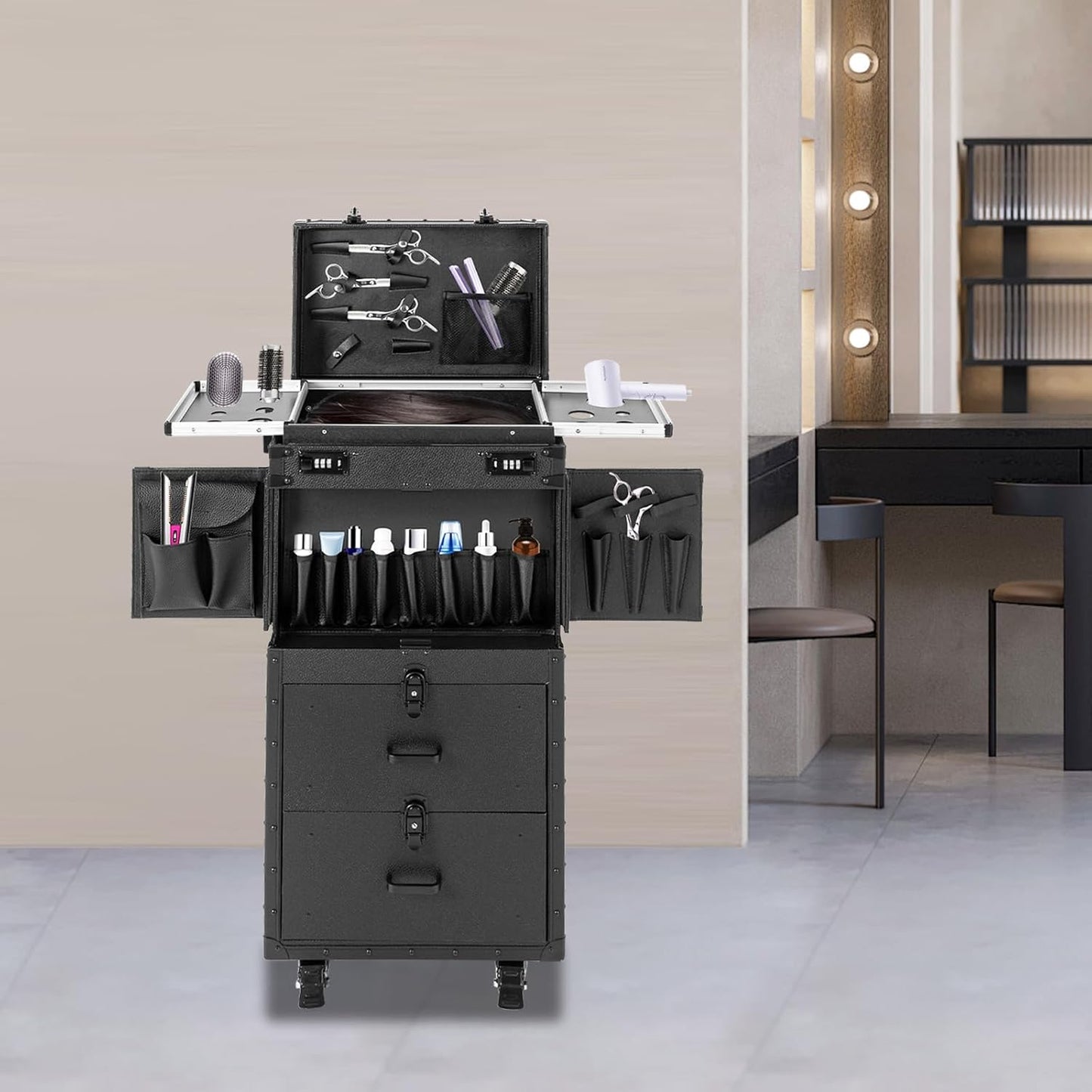 Lockable Makeup Train Case,44.09 lbs Rolling Hairdressing Trolley,Cosmetology Case on Wheels,Beauty Salon Cosmetic Luggage with Universal Wheels for Hair Stylist,Make-up Artists(Black)