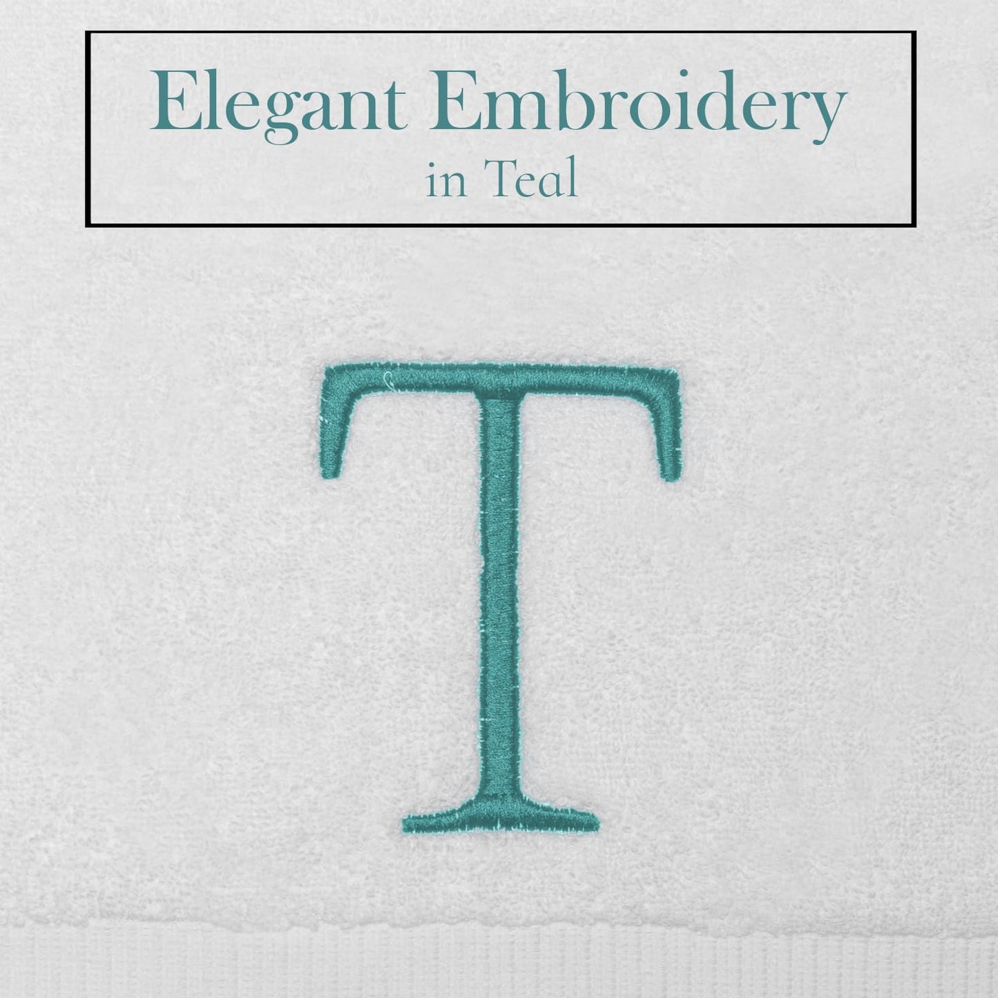 Teal and White Bathroom Hand Towel - Monogrammed Luxury Hotel Quality Decorative Embroidered Towel for Powder Room, Spa - GOTS Organic Certified - Pack of 2, Letter T