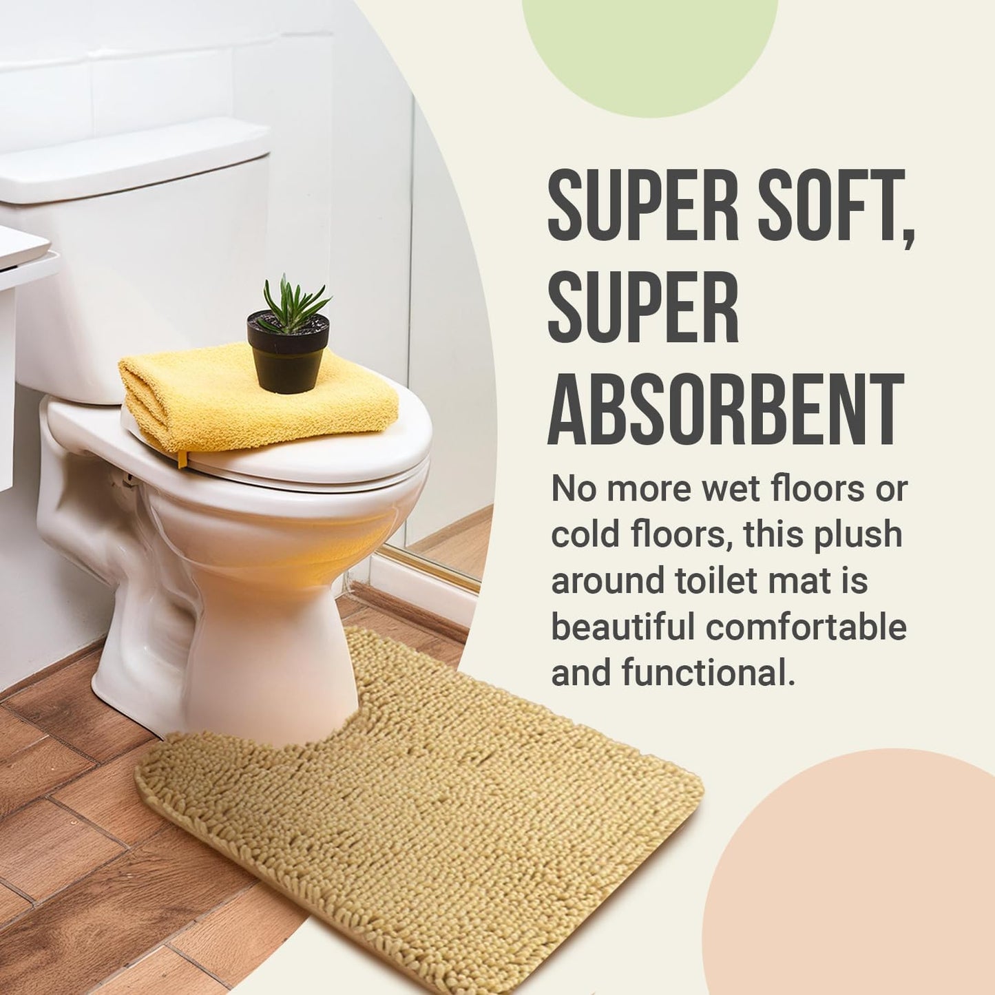 ITSOFT Non-Slip Shaggy Chenille Toilet Contour Bathroom Rug with Water Absorbent, 24 x 21 Inches U-Shaped Beige