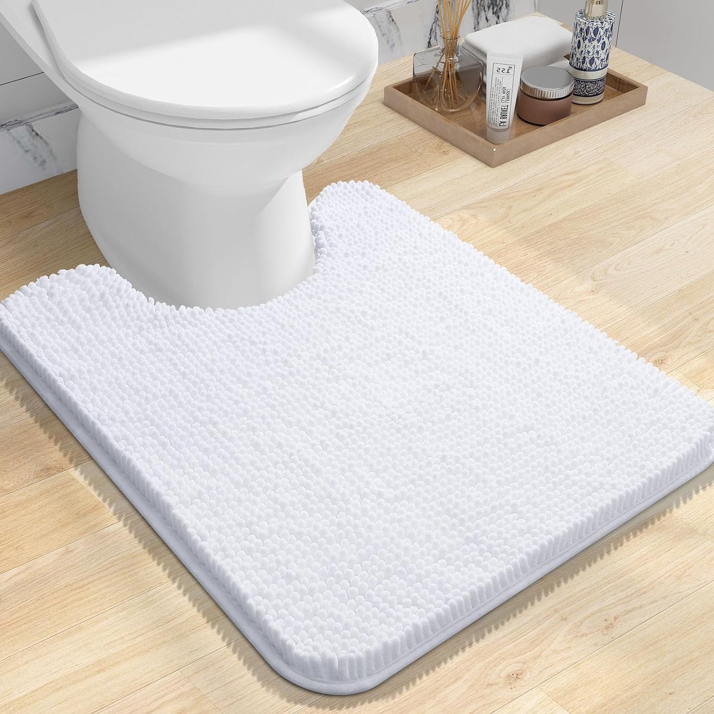 OLANLY Toilet Rugs U-Shaped 24x20, Extra Soft Absorbent Chenille Contour Bathroom Rugs for Toilet, Dry Quickly, Machine Washable, Non-Slip Bath Mat, White