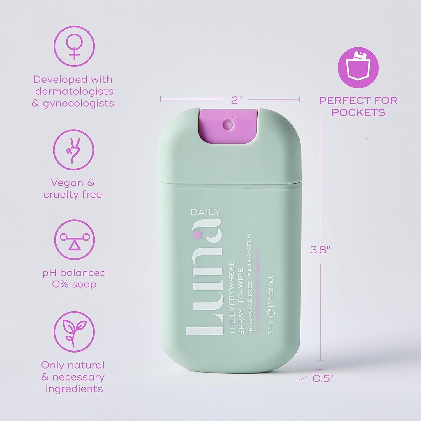 Luna Daily Body Cleansing Spray | Unscented pH-Balanced Feminine & Body Mist | Hydrating & Gentle for Intimate Hygiene, Underarms & Private Parts | Travel Essential for Women, Gym & Daily Care, 30ml