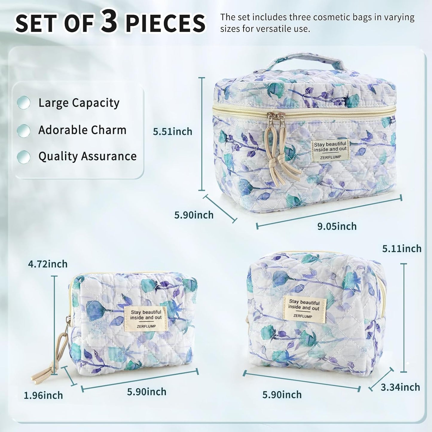 Cute Quilted Floral Makeup Bag(3Pcs)，Coquette Aesthetic Cosmetic Bag，Travel Toiletry Bags， Kawaii Aesthetic pouch for Women (2 - Long Branch Flower)