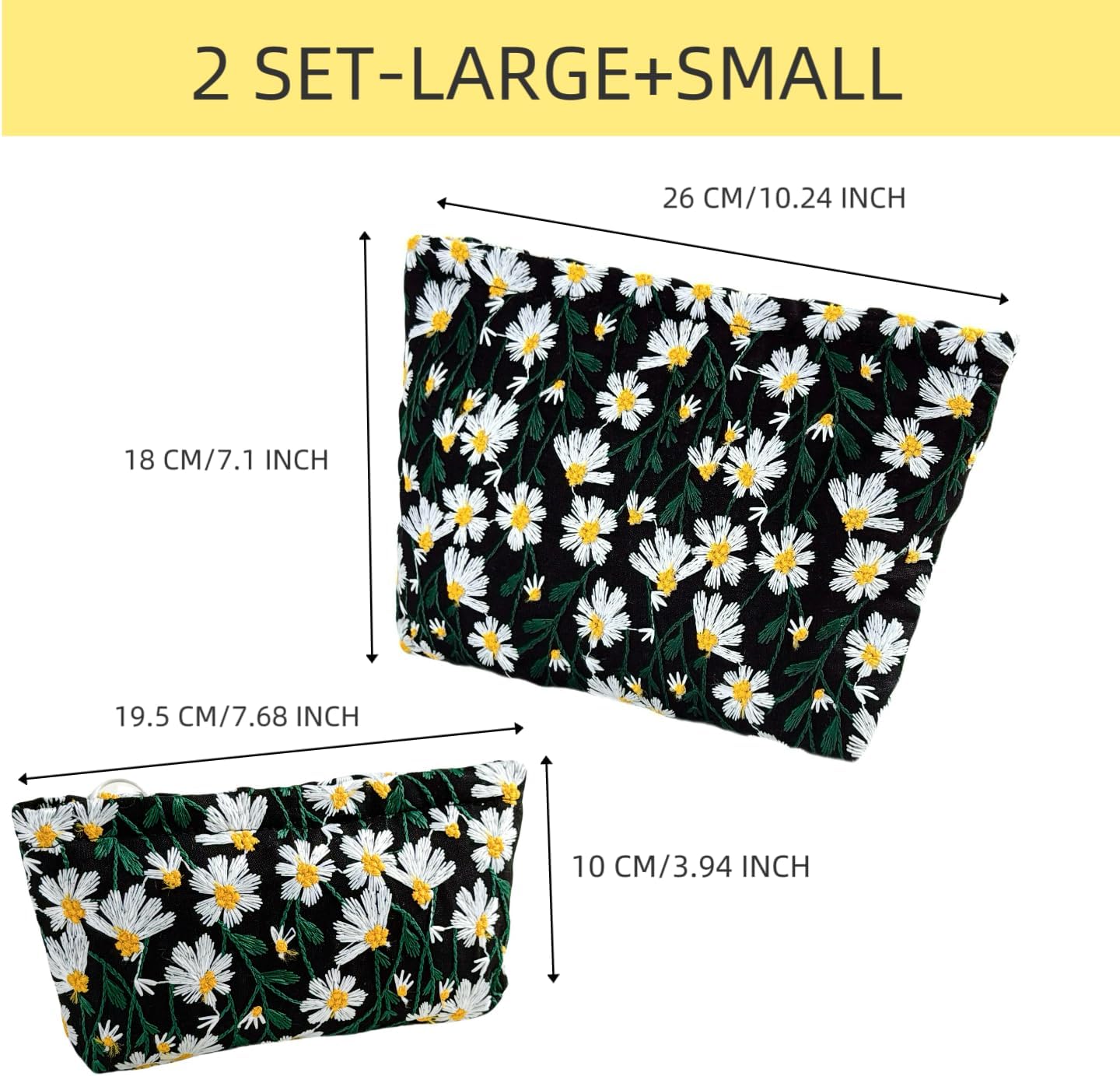 2 Pcs Makeup Bags, Large Cosmetic Bag Travel Toiletry Bag Organizer for Women, Embroidery Craft, Floral Makeup Bag Small Cosmetic Pouch Purse with Zipper Gifts for Girls Teen
