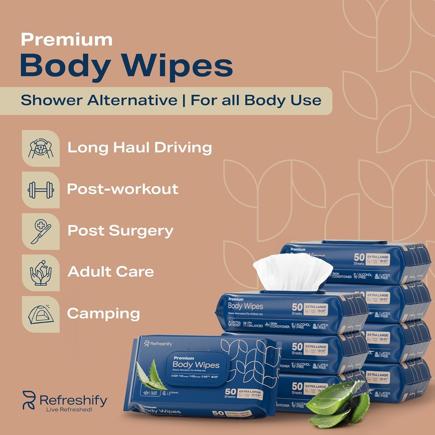 Extra large Shower Body Wipes for Adults 8" x 12" (400 count) + 8 Travel Packs | Adult Wipes for Elderly, Bathing No Rinse, Vitamin E, 8 Packs of 50