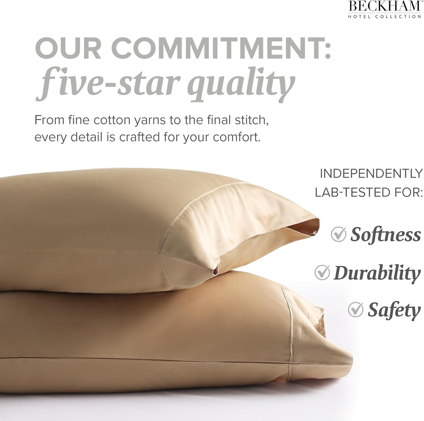 Beckham Hotel Collection Bed Pillowcases King Size Set of 2, 500TC 100% Cotton, Luxury Sateen Bedding, Open End, Breathable, Moisture-Wicking, Sand