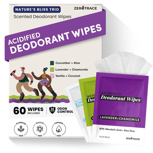 Zero Trace Travel Deodorant Wipes - 60 Count- 24 Hour Odor Control - Aluminum Free Hypoallergenic Mini Deodorant For Women and Men - Individually Wrapped Underarm & Body Wipes- Nature Bliss Trio