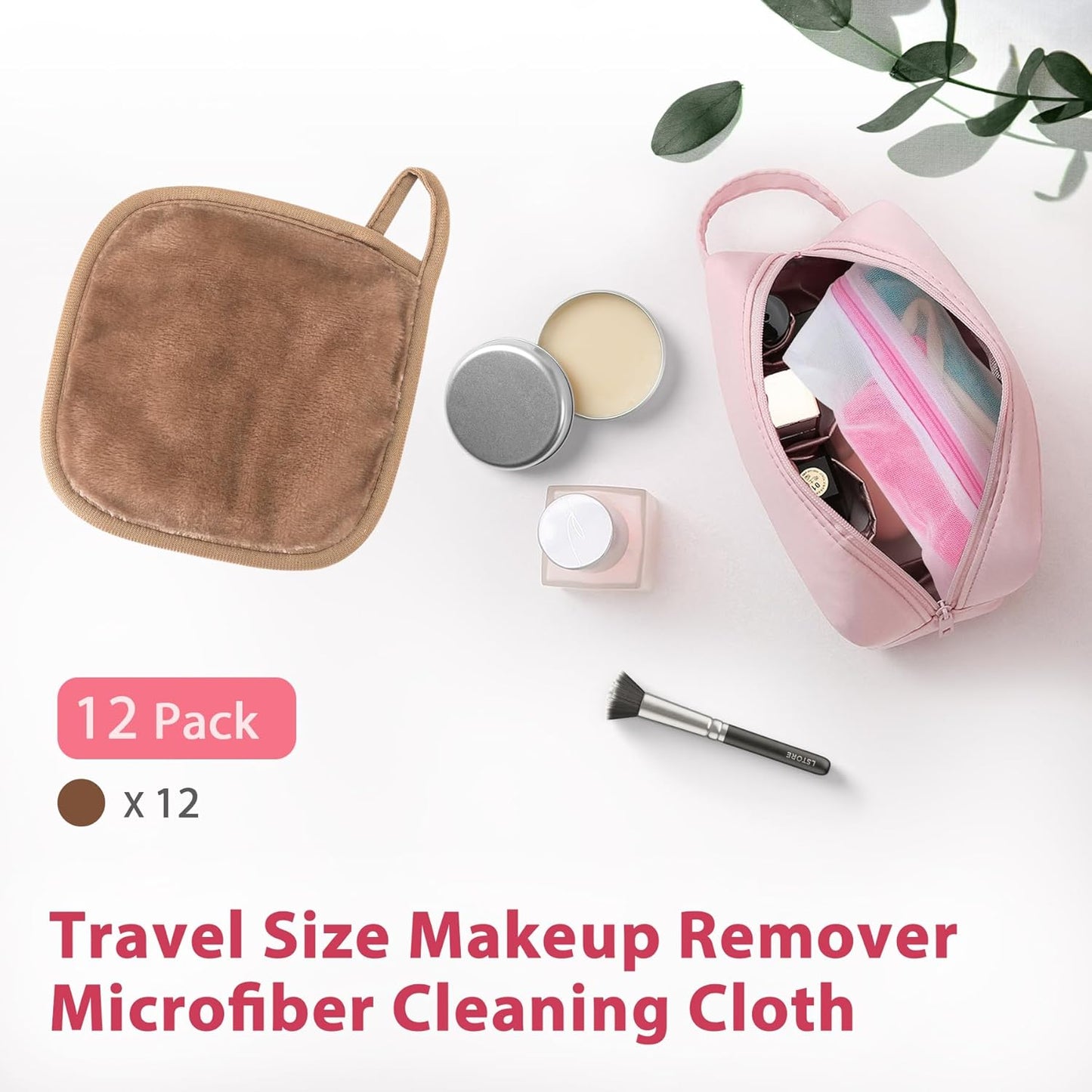 Makeup Remover Cloth, 6" x 6" Make Up Towels Reusable Face Cloth for Washing Face, Makeup Remover Pads Microfiber Face Washcloth with Mesh Bag, Just Water, 12 Pack, Light Brown